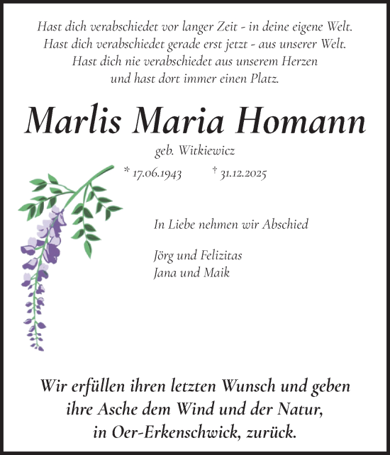 Traueranzeige von Marlis Maria Homann von Holsteinischer Courier