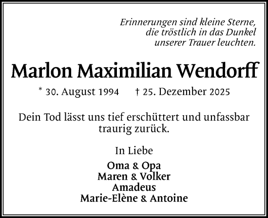 Traueranzeige von Marlon Maximilian Wendorft von Region Pinneberg und tip Pinneberg