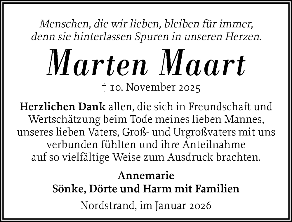  Traueranzeige für Marten Maart vom 16.01.2026 aus Husumer Nachrichten, Nordfriesland Tageblatt