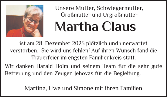 Traueranzeige von Martha Claus von Schleswig-Holsteinische Landeszeitung