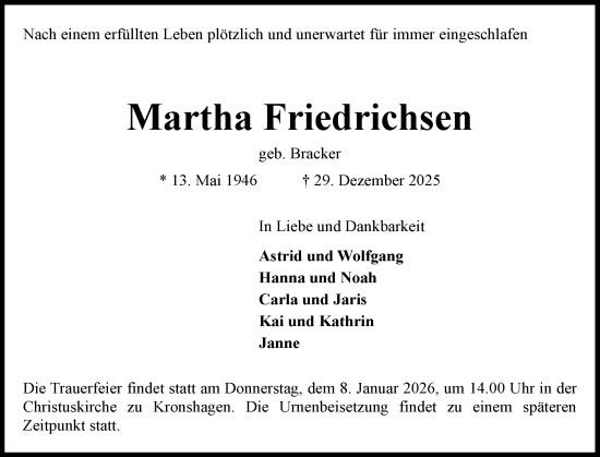 Traueranzeige von Martha Friedrichsen von Holsteinischer Courier
