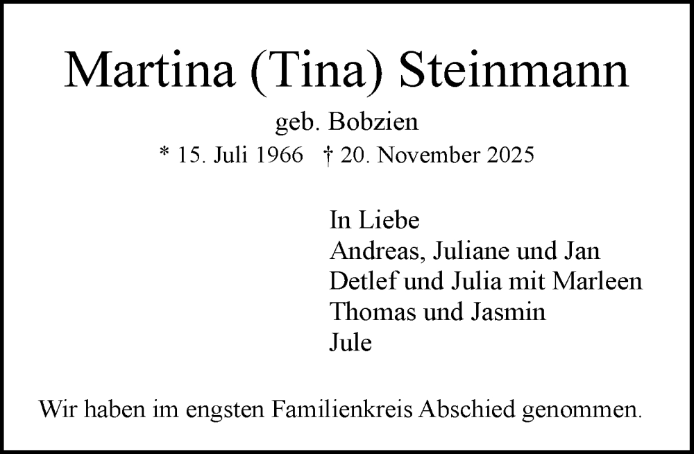  Traueranzeige für Martina Steinmann vom 03.01.2026 aus MARKT Ratzeburg/Mölln