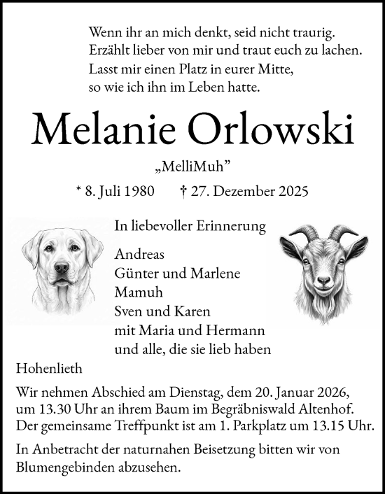 Traueranzeige von Melanie Orlowski von Eckernförder Zeitung, Hallo Eckernförde