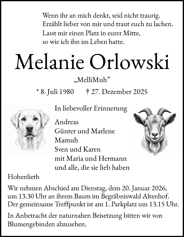  Traueranzeige für Melanie Orlowski vom 10.01.2026 aus Eckernförder Zeitung, Hallo Eckernförde