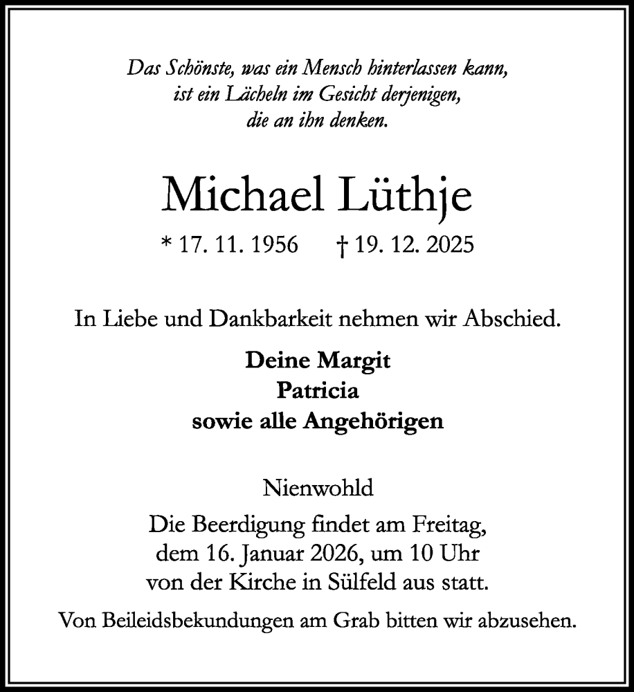  Traueranzeige für Michael Lüthje vom 10.01.2026 aus MARKT Ahrensburg/Bargteheide/Trittau und Stormarner Tageblatt