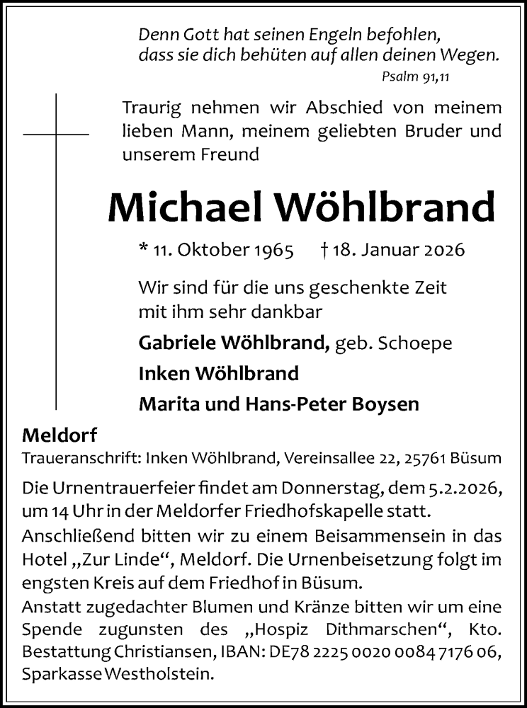  Traueranzeige für Michael Wöhlbrand vom 31.01.2026 aus Husumer Nachrichten, Nordfriesland Tageblatt
