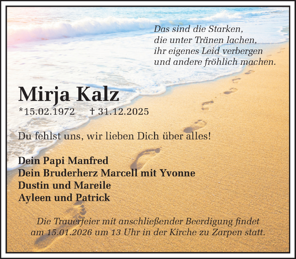  Traueranzeige für Mirja Kalz vom 10.01.2026 aus MARKT Bad Oldesloe/Reinfeld und Stormarner Tageblatt