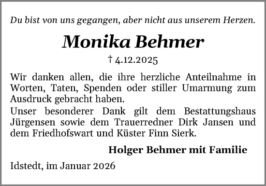 Traueranzeige von Monika Behmer von Schleswiger Nachrichten, Schlei-Bote