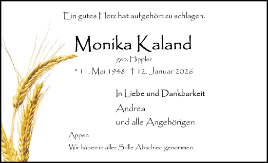 Traueranzeige von Monika Kaland von Region Pinneberg und tip Pinneberg
