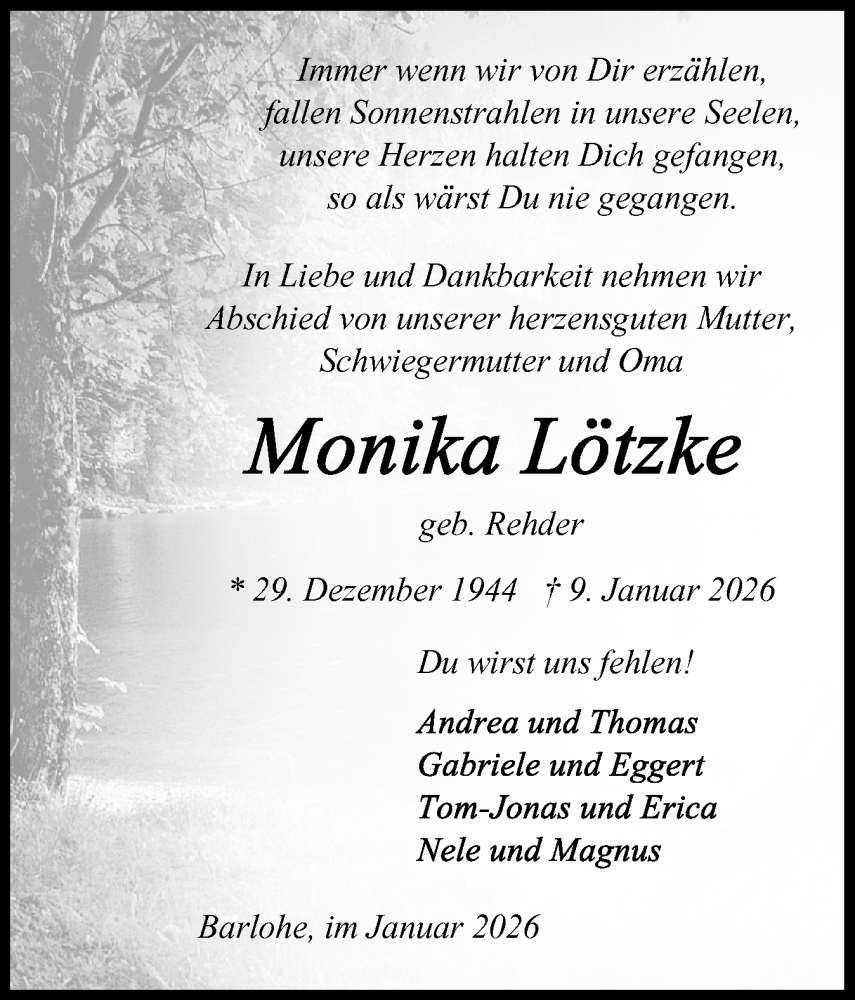  Traueranzeige für Monika Lötzke vom 17.01.2026 aus Schleswig-Holsteinische Landeszeitung