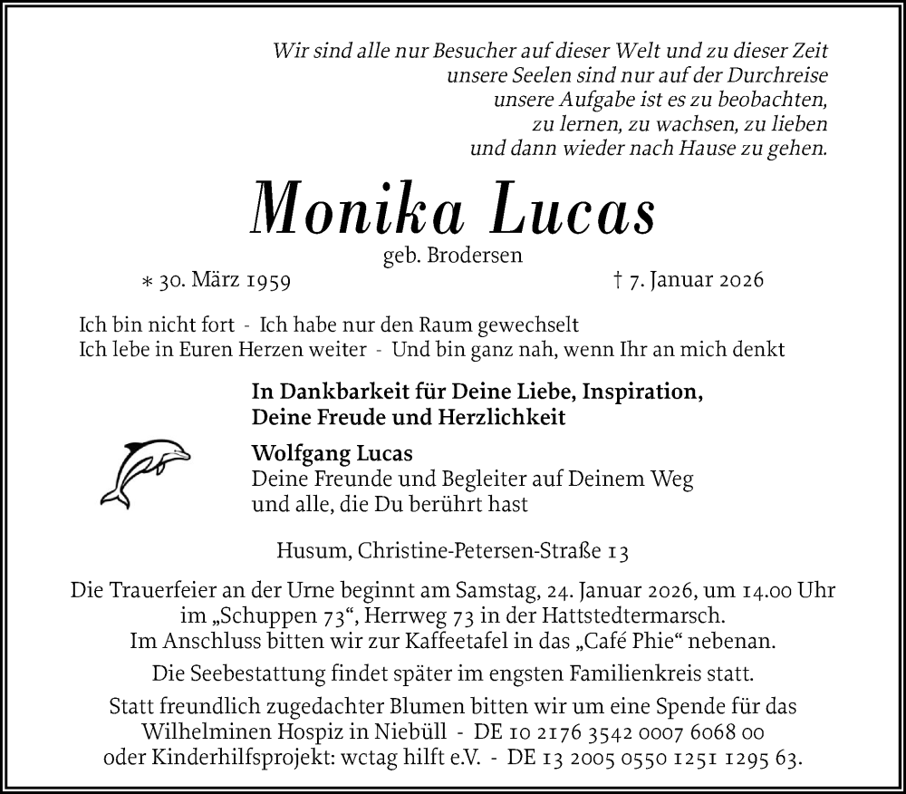 Traueranzeige für Monika Lucas vom 17.01.2026 aus Husumer Nachrichten, Nordfriesland Tageblatt