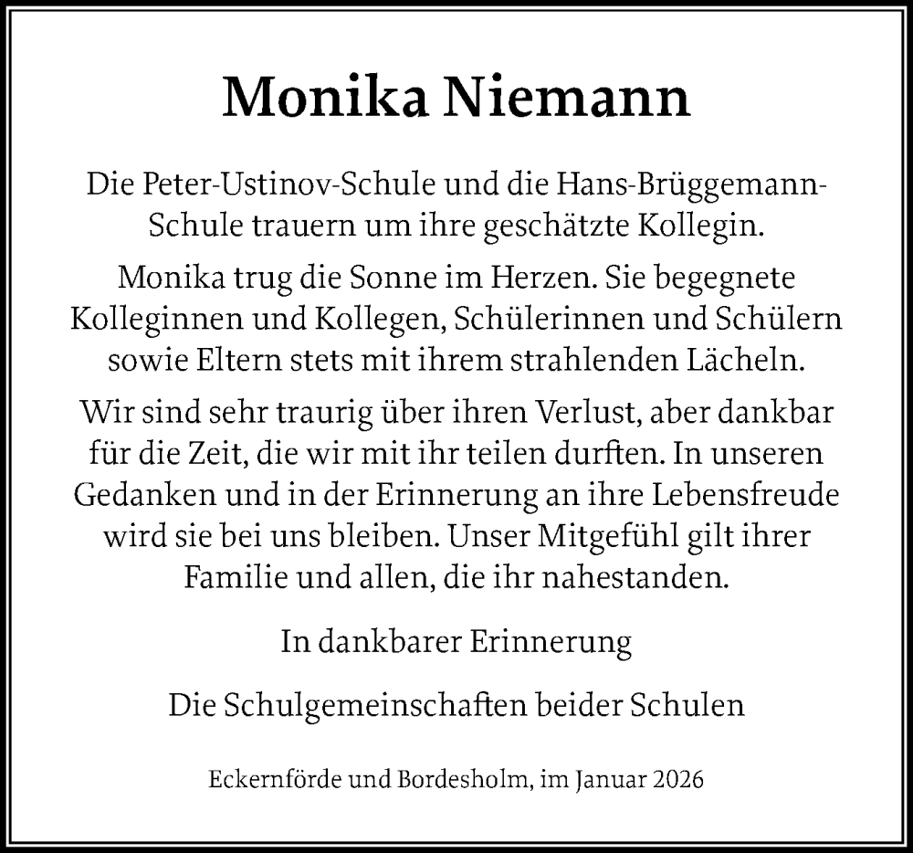  Traueranzeige für Monika Niemann vom 30.01.2026 aus Eckernförder Zeitung