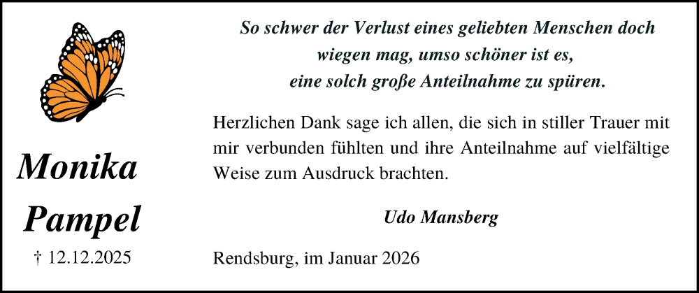  Traueranzeige für Monika Pampel vom 10.01.2026 aus Schleswig-Holsteinische Landeszeitung