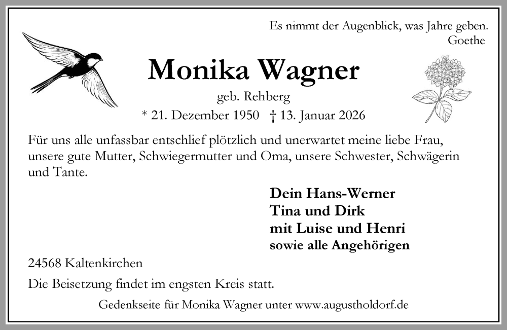  Traueranzeige für Monika Wagner vom 24.01.2026 aus Umschau