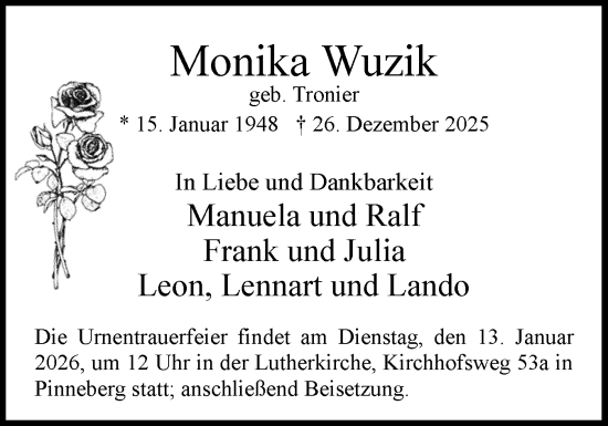 Traueranzeige von Monika Wuzik von Region Pinneberg und tip Pinneberg