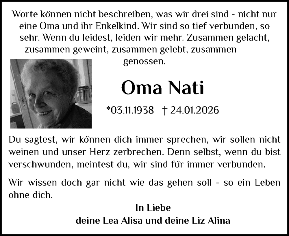  Traueranzeige für Nati  vom 30.01.2026 aus Husumer Nachrichten, Nordfriesland Tageblatt
