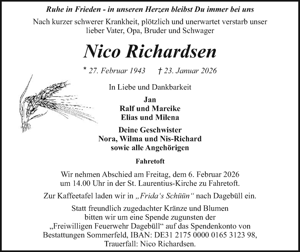  Traueranzeige für Nico Richardsen vom 31.01.2026 aus Husumer Nachrichten, Nordfriesland Tageblatt