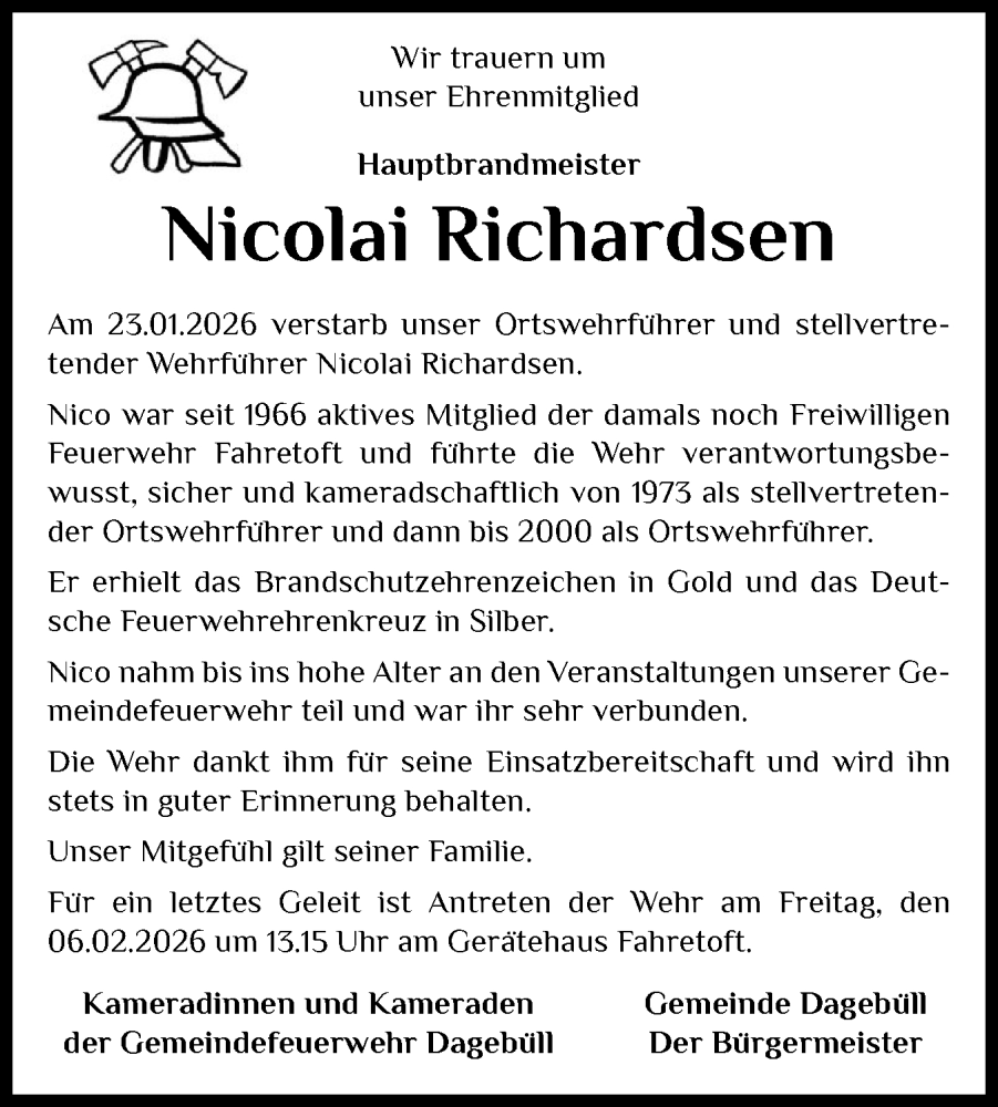  Traueranzeige für Nicolai Richardsen vom 31.01.2026 aus Husumer Nachrichten, Nordfriesland Tageblatt