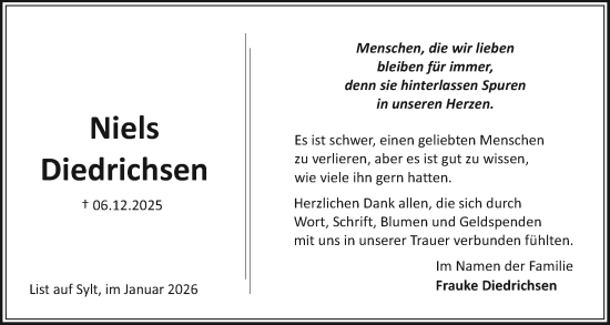 Traueranzeige von Niels Diedrichsen von Sylter Rundschau