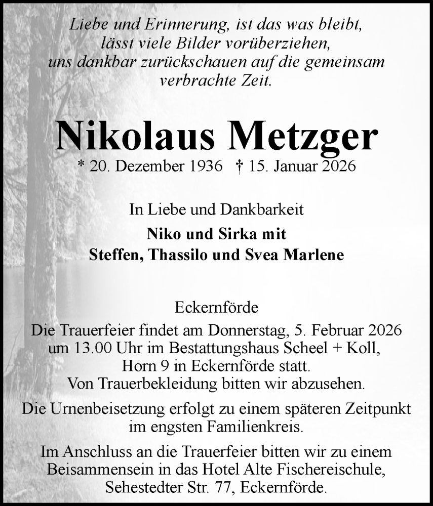  Traueranzeige für Nikolaus Metzger vom 31.01.2026 aus Eckernförder Zeitung, Hallo Eckernförde