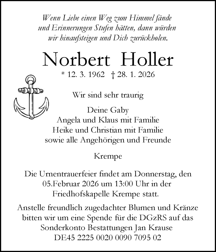  Traueranzeige für Norbert Holler vom 31.01.2026 aus Norddeutsche Rundschau, Wilstersche Zeitung, Glückstädter Fortuna