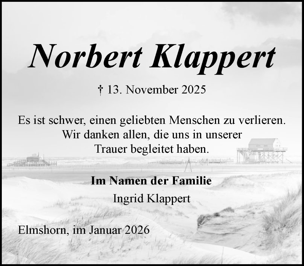  Traueranzeige für Norbert Klappert vom 10.01.2026 aus Elmshorner Nachrichten, Barmstedter Zeitung