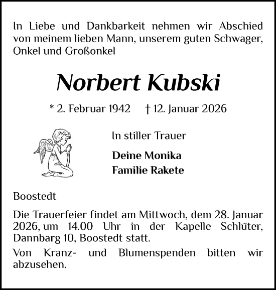 Traueranzeige von Norbert Kubski von Holsteinischer Courier