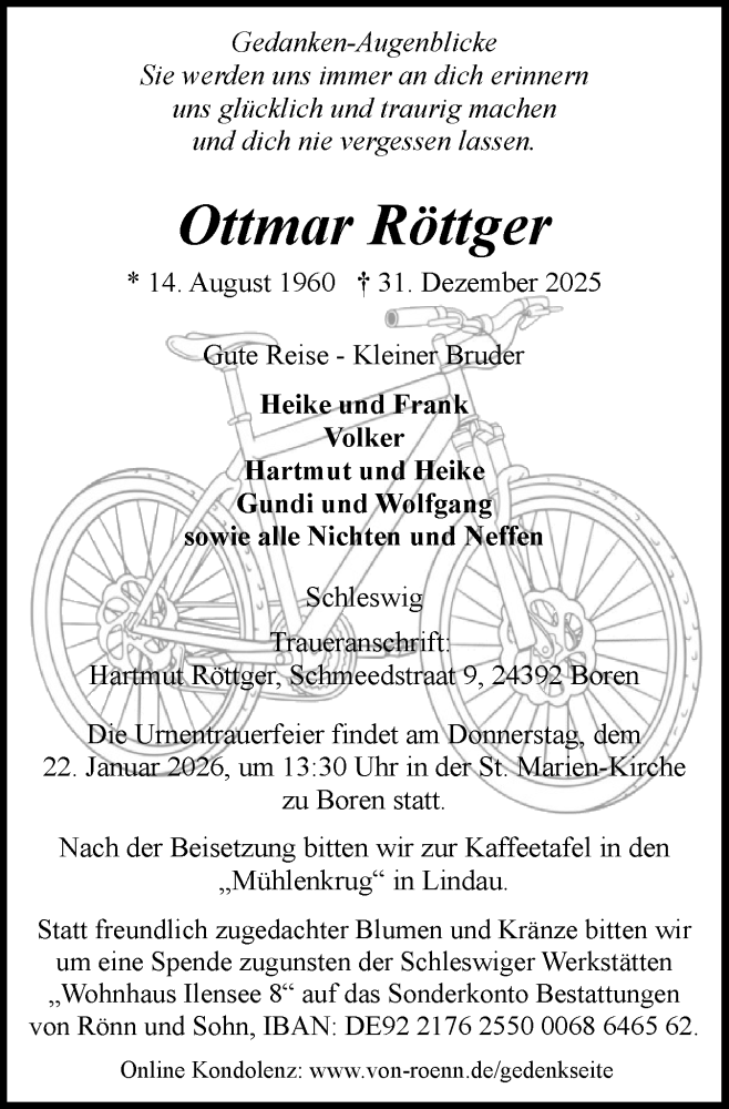  Traueranzeige für Ottmar Röttger vom 17.01.2026 aus Schleswiger Nachrichten, Schlei-Bote