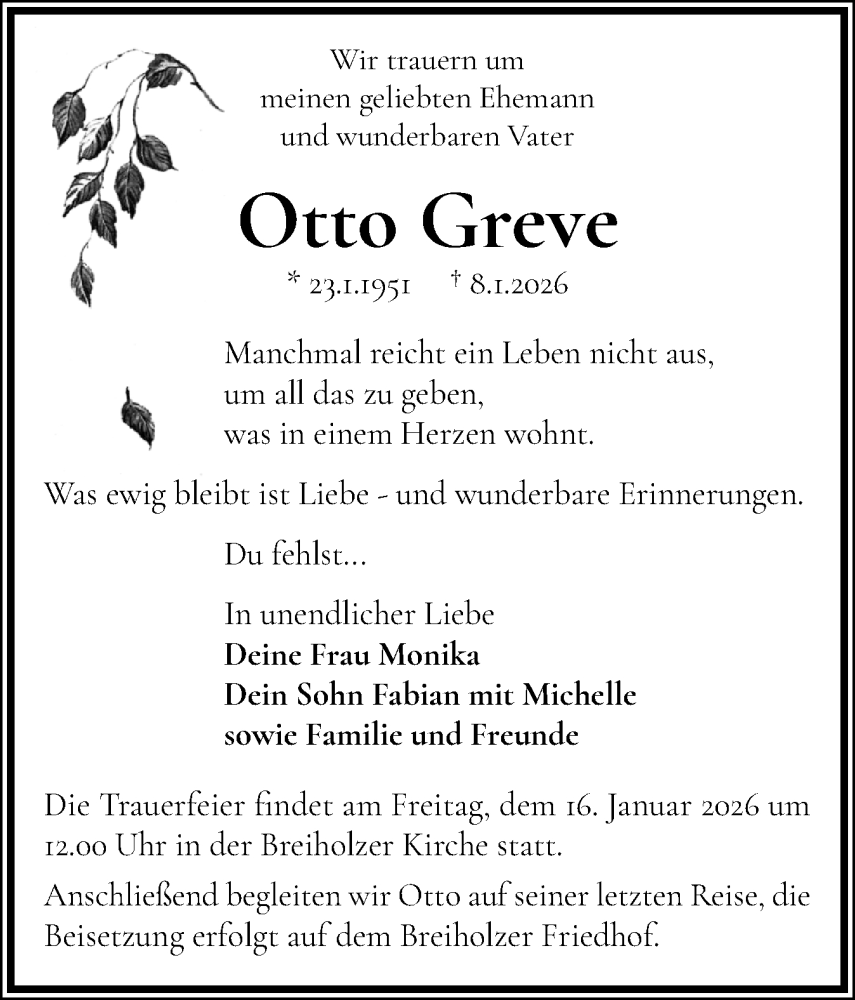  Traueranzeige für Otto Greve vom 10.01.2026 aus Schleswig-Holsteinische Landeszeitung