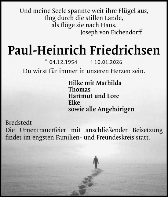 Traueranzeige von Paul-Heinrich Friedrichsen von Husumer Nachrichten, Nordfriesland Tageblatt