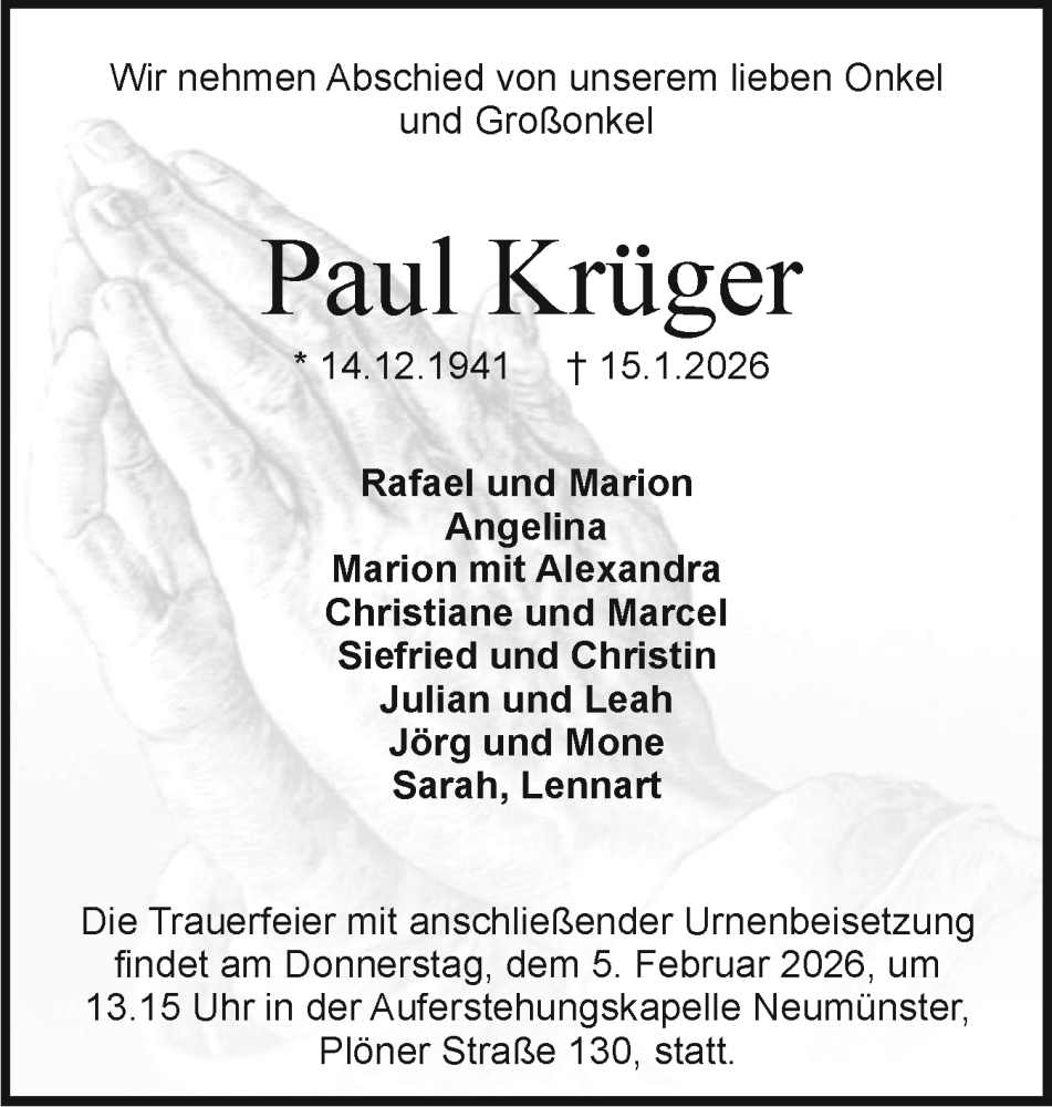 Traueranzeige für Paul Krüger vom 31.01.2026 aus Holsteinischer Courier