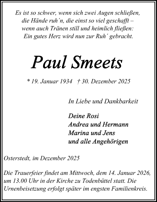 Traueranzeige von Paul Smeets von Schleswig-Holsteinische Landeszeitung