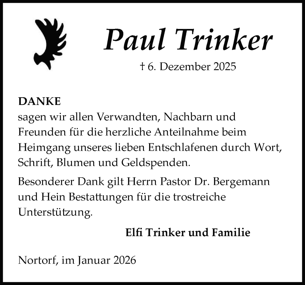  Traueranzeige für Paul Trinker vom 03.01.2026 aus Schleswig-Holsteinische Landeszeitung