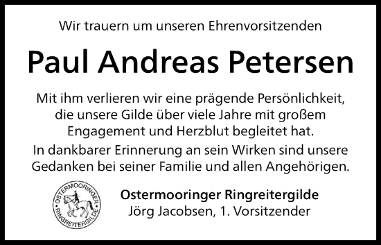 Traueranzeige von Paul Andreas Petersen von Husumer Nachrichten, Nordfriesland Tageblatt