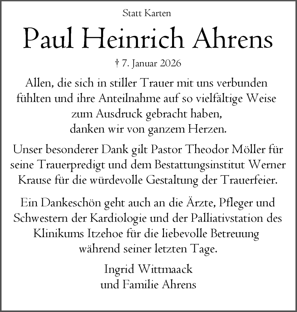  Traueranzeige für Paul Heinrich Ahrens vom 31.01.2026 aus Norddeutsche Rundschau, Wilstersche Zeitung, Glückstädter Fortuna