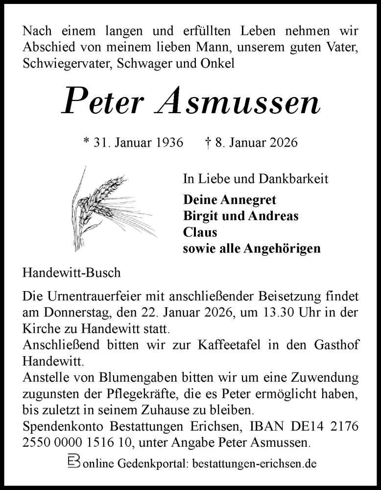  Traueranzeige für Peter Asmussen vom 17.01.2026 aus Flensburger Tageblatt
