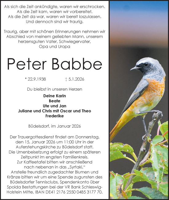 Traueranzeige von Peter Babbe von Schleswig-Holsteinische Landeszeitung