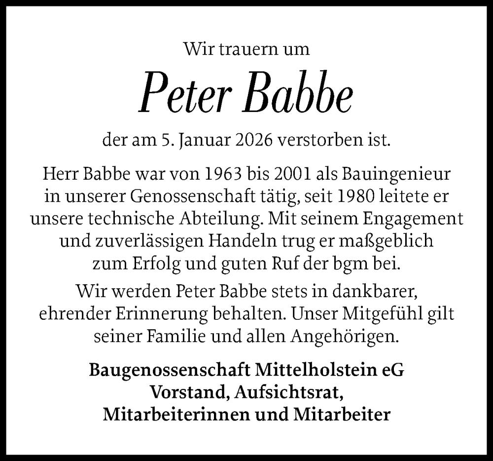  Traueranzeige für Peter Babbe vom 10.01.2026 aus Schleswig-Holsteinische Landeszeitung