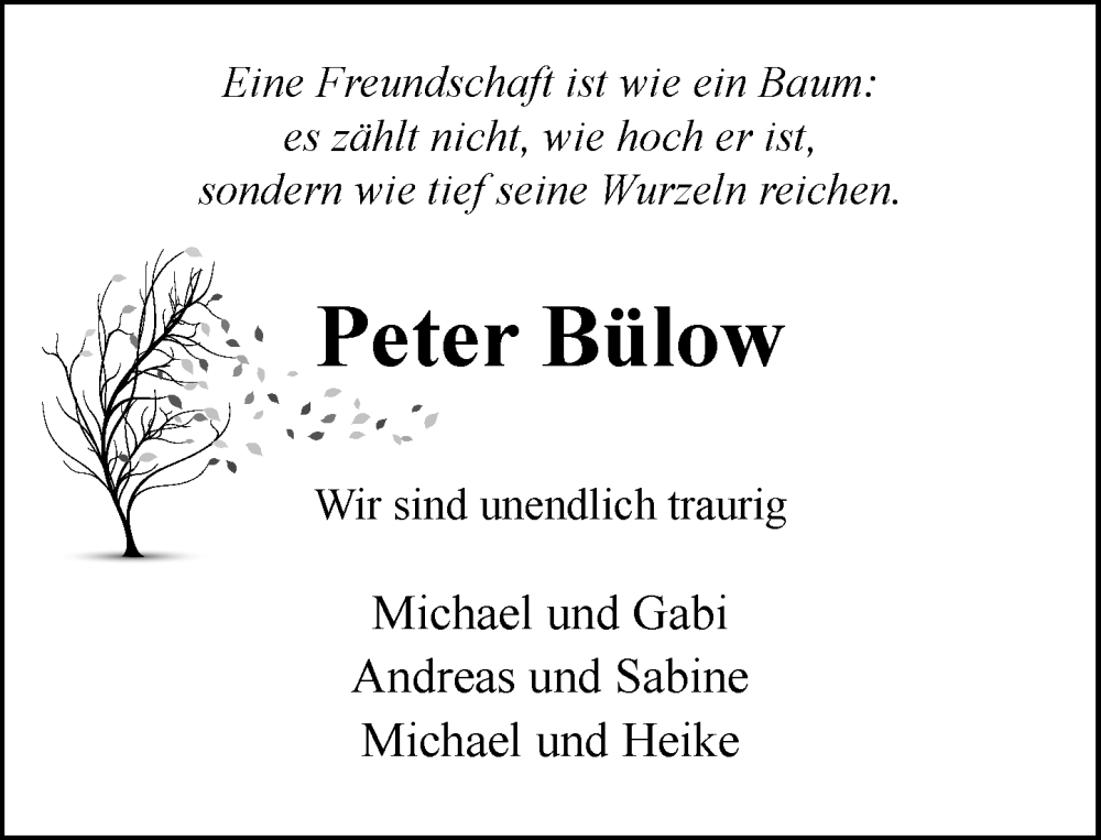  Traueranzeige für Peter Bülow vom 17.01.2026 aus MARKT Ratzeburg/Mölln