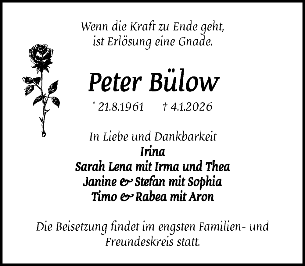  Traueranzeige für Peter Bülow vom 17.01.2026 aus MARKT Ratzeburg/Mölln