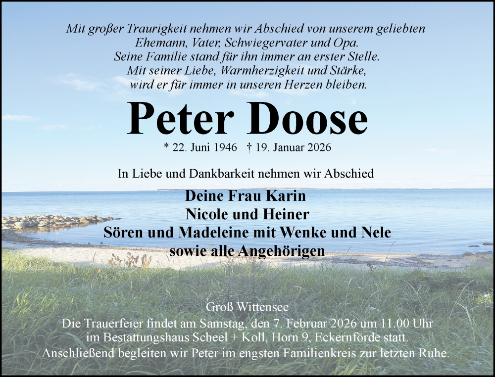  Traueranzeige für Peter Doose vom 31.01.2026 aus Eckernförder Zeitung, Hallo Eckernförde