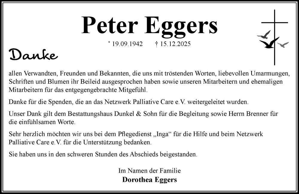  Traueranzeige für Peter Eggers vom 24.01.2026 aus MARKT Ratzeburg/Mölln