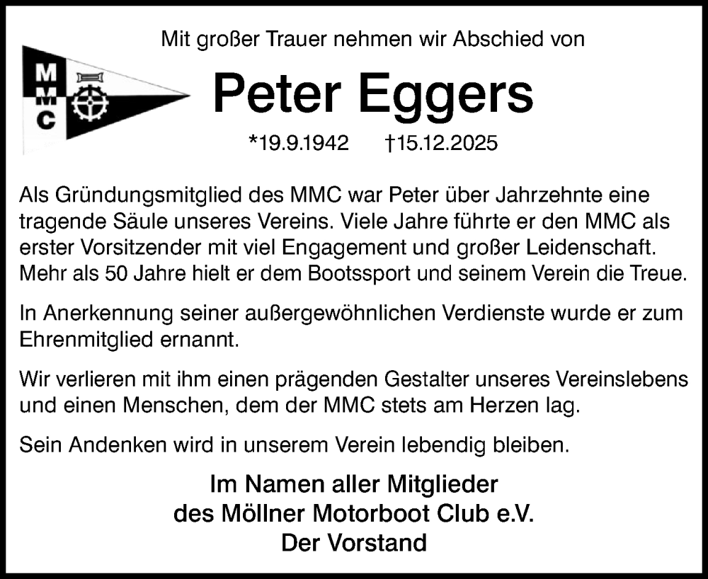  Traueranzeige für Peter Eggers vom 10.01.2026 aus MARKT Ratzeburg/Mölln