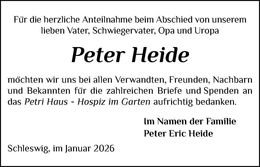  Traueranzeige für Peter Heide vom 03.01.2026 aus Schleswiger Nachrichten, Schlei-Bote