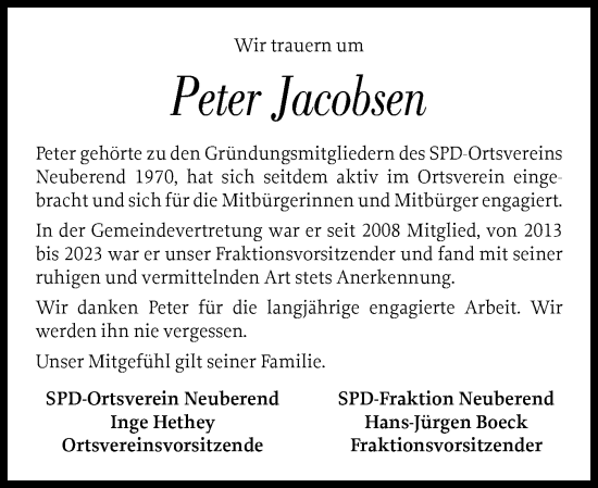 Traueranzeige von Peter Jacobsen von Schleswiger Nachrichten, Schlei-Bote