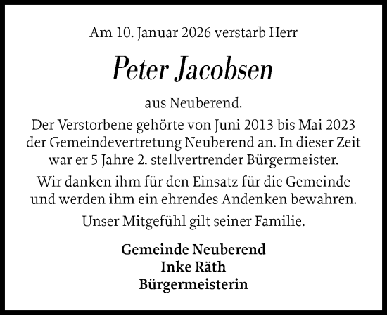 Traueranzeige von Peter Jacobsen von Schleswiger Nachrichten, Schlei-Bote