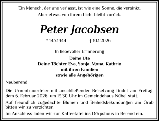 Traueranzeige von Peter Jacobsen von Schleswiger Nachrichten, Schlei-Bote