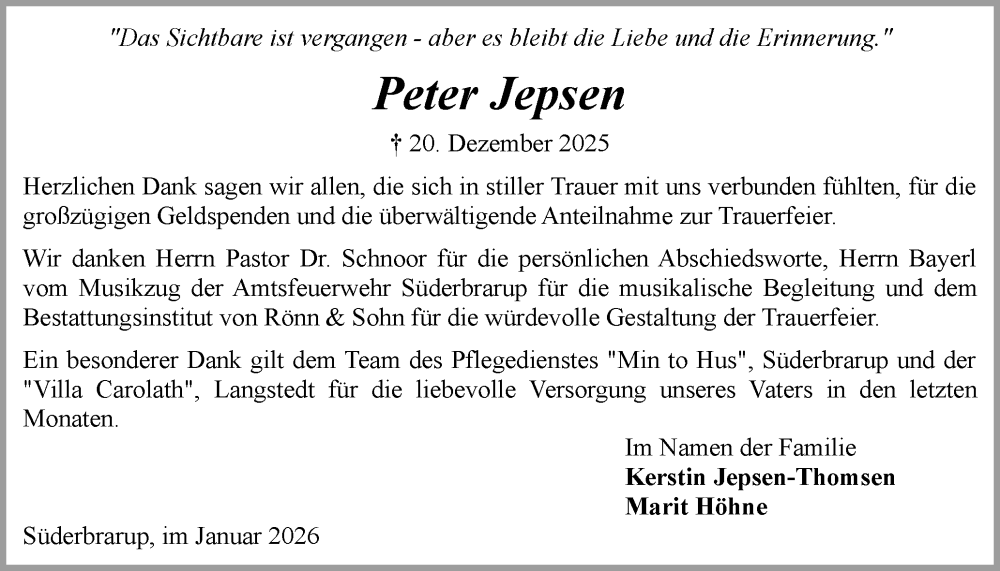  Traueranzeige für Peter Jepsen vom 31.01.2026 aus Region Flensburg