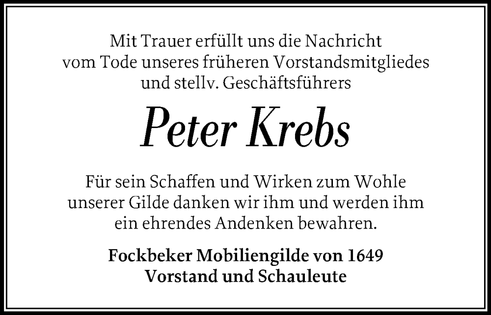  Traueranzeige für Peter Krebs vom 20.01.2026 aus Schleswig-Holsteinische Landeszeitung