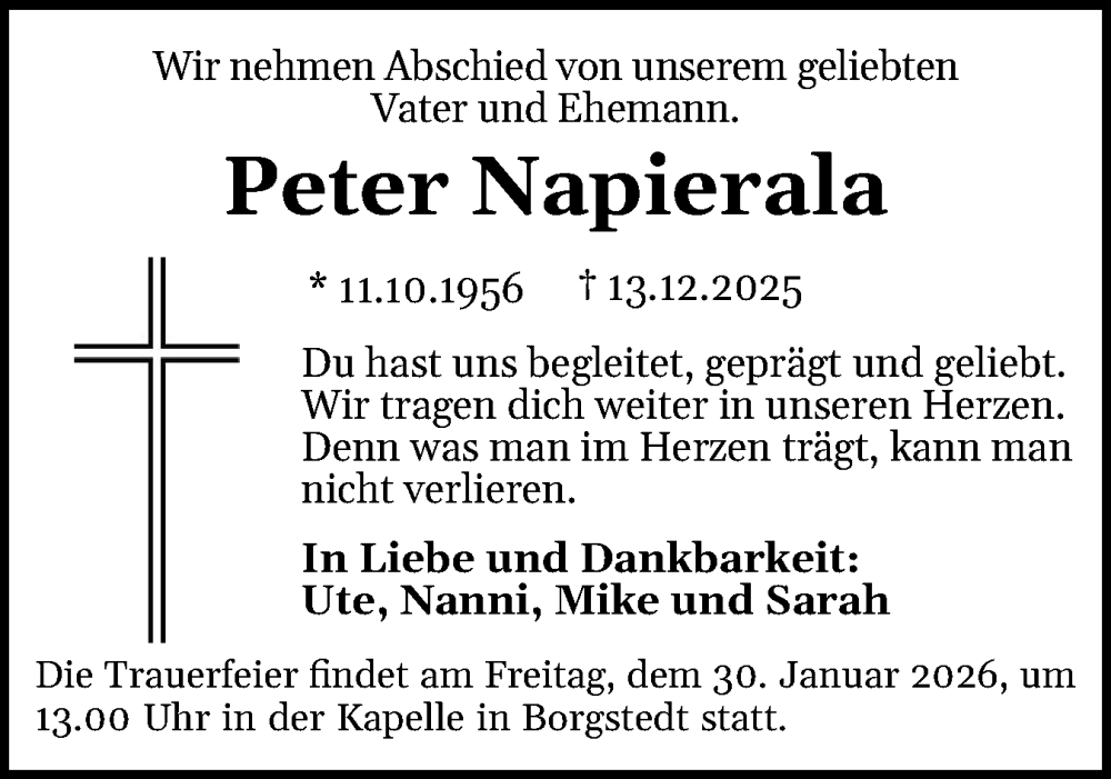  Traueranzeige für Peter Napierala vom 17.01.2026 aus Schleswig-Holsteinische Landeszeitung